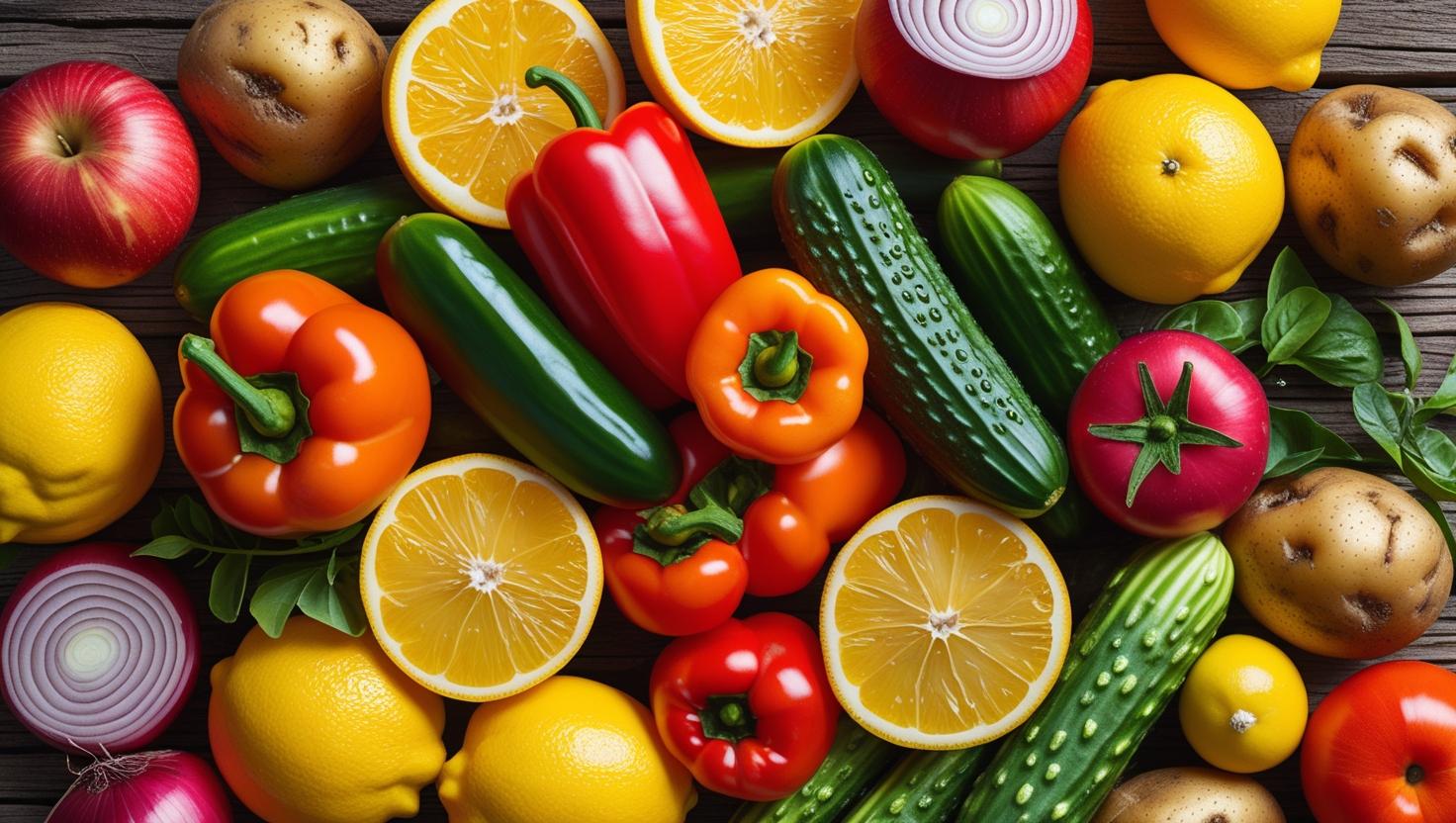 limun, naranča, rajčica, krastavci, luk, jabuka, paprika, krumpir